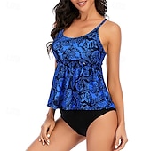 abordables Maillots une pièce et tankinis-Femme Tankini Maillot De Bain Deux Pièces Dos Nu Maillots de Bain Floral Maillots de Bain Bleu Ciel Noir Respirable Séchage rapide Poids Léger Sans Manches - Natation Surf Plage Eté Printemps