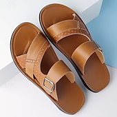 billige Ferietøfler-solbrune sandaler i kunstskinn med spennreim for menn – stilige sommersklier med teksturert design og sklisikker såle for fritidsbruk