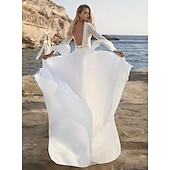voordelige Trouwjurken-Strand Bruidsjurken A-Lijn Lange Mouw Geschulpte Plunge Hals Vloerlengte Chiffon Bruids Tops Bruidsjurken Met Applicaties
