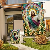 abordables Banderas de Jardín, Banner-Bandera de Jardín 12x18 Pulgadas Decoraciones al Aire Libre Bienvenida Bandera de Jardín Patio Bandera Cruz Jesús Bandera de Jardín Doble Cara Banderas al Aire Libre 1pc