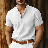 economico Strada-Per uomo Camicia camicia di lino Camicia con colletto a fascia Camicia popover Camicia estiva Abbigliamento mare Liscio Da mare Informale Nero Bianco Rosa Blu marino Manica corta Henley Estate