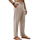 baratos Clássico-Homens Calças de linho Calças Calça verão Calças de praia Com Cordão Cintura elástica Perna reta Tecido Conforto Respirável Comprimento total Diário Feriado Festa de Casamento Moda Estilo Clássico