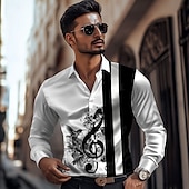 cheap Men&#039;s Satin Shirt-Men&#039;s Striped Musical Notes Satin Shirt Dress Shirt Button Up Shirt Long Sleeve Fashion Casual Vacation Daily Evening Party Summer Spring Fall Turndown Collared Shirts 3D Print White