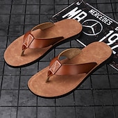 preiswerte Kleidungs-Sandalen-Braune Flip-Flops aus Kunstleder für Herren - lässige Sommersandalen mit offener Spitze und bequemer Sohle für Strand und Alltag