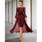 voordelige Jurkensets voor mama-Twee Delige Sheath Moeder van de Bruid Jurk Formele Bruiloft Gast Elegante Feest Off Shoulder Knie Lengte Chiffon Kant Imiteerde Zijde 3/4 Lengte Mouw met Strik(ken) 2025 gratis op maat