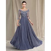olcso Padlóhossz-A-vonalú Kölcsönanyai Ruha Elegáns Ékszer Nyak Padló Hosszú Chiffon Csipke 3/4 Hosszú Ujjú Ráncokkal Appliques