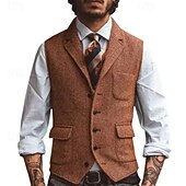お買い得  メンズベスト-男性用 ベスト ジレ バケーション 日常 デート ファッション カジュアル 春 &amp; 秋 ボタン ポケット ポリエステル 快適 平織り シングルブレスト 一つボタン ラペル レギュラー シルバー ダークブラウン ブラック シャンパン ベスト