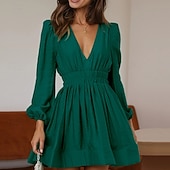 ieftine Rochie neagră casual-Pentru femei Rochie Mini Rochie casual Rochie A line Stilat Casual Vacanță Zilnic Dată Fit regulat Simplu Manșon Lung În V Negru Roz Îmbujorat Albastru piscină Portocaliu Vară