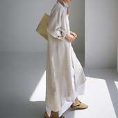 preiswerte Kleider-Damen Langes Kleid Maxikleid Leinen-inspirierte Kleider Hemdblusenkleid Freizeitkleid Baumwoll-Leinenkleid Stilvoll Lässig Urlaub Täglich Date Normale Passform Einfach Langarm Revers Schwarz