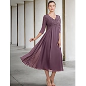 economico Lunghezza del pavimento-Abito per la madre della sposa A-Line invitata a un matrimonio elegante taglie forti scollo a V lunghezza tè in chiffon pizzo manica 3/4 con ruches applicazioni 2025 taglia personalizzata gratuita