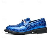 economico Semi-formale-mocassini da uomo in similpelle blu metallizzata con catena dorata decorativa – scarpe slip-on alla moda per occasioni formali e da festa