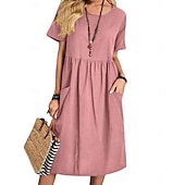 economico abiti stampati in cotone e lino-Per donna Abito Midi Abito Lungo Maxi Abito Abiti in cotone e lino Elegante Essenziale Casual Vacanza Feste Lavoro Vestibilità regolare Semplice Manica Corta Girocollo Rosa Marrone chiaro Cachi Blu
