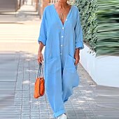 Women's Normal Jumpsuit Streetwear Solid Color Long Sleeve Straight V Neck Buttons Pocket Street Daily Regular Fit White Light Blue Summer4
