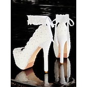 cheap Platform Pumps-Women's White Lace and Pearl Embellished High Heel Platform Wedding Shoes with Ribbon Anklets for Bridal and Formal Ceremonies