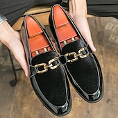 levne Poloformální-pánské luxusní červené sametové a černé lakované mokasíny – stylové slip-on společenské boty s kovovou přezkou na svatby a formální události