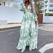 preiswerte Lässige Blumenkleider-Damen kleid lang Casual kleid A Linie Kleid Sommerkleid Boho-Kleid Elegant Stilvoll Urlaub Täglich Verabredung Regular Fit Blumen Langarm V Ausschnitt Gelb Blau Purpur Grün Sommer Frühling