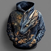 baratos Estampa animal-Homens Dragão Moletons Moletom Casacos Manga Longa Moletom com capuz Gola Redonda Moda Impressão 3D Festa Feriado Streetwear Preto Azul Com Cordão Outono Inverno Designer