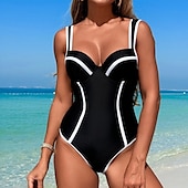 abordables Maillots une pièce et tankinis-Femme Maillot de bain 1 pièce V Profond Maillots de Bain Mosaïque Maillots de Bain Noir / Blanc Noir Respirable Séchage rapide Poids Léger Sans Manches - Natation Surf Plage Eté Printemps