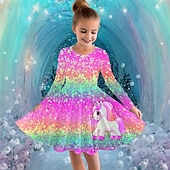 tanie Sukienka 3D Jednorożec-Dziewczyny &#039; 3D Graficzny Jednorożec Sukienka Długi rękaw Lato Wiosna Urlop Codzienny Święto Księżniczka Piękny Słodkie Dzieci 4-12 lat Codzienne sukienki Sukienka A line Do kolan Regularny