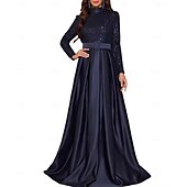 ieftine șampanie-Rochie de seară tip A-Line rochie elegantă pentru petrecere rochie formală de gală cu lungime până la podea cu mânecă lungă cu gât rigid curea/sasch din amestec de bumbac cu spate cowl cu butoane