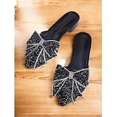 abordables Ballerines femme-mules plates noires à strass et nœud – parfaites pour les fêtes et les mariages
