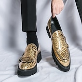 levne Poloformální-pánské zlaté metalické mokasíny s dvojitou přezkou a robustní podrážkou - stylové společenské boty pro formální i neformální příležitosti