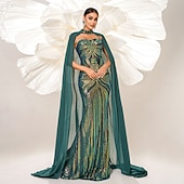 preiswerte GRÜN-Meerjungfrau  Trompete Abendkleid Elegantes Kleid Karneval Abendparty Bodendeckend Ärmellos mit Chiffon Umhang Herz-Ausschnitt mit Glitzer