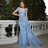 preiswerte BLAU-Trompete / Meerjungfrau Abendkleider Glänzend Kleid Formal Hochzeit Boden-Länge Ärmellos V Ausschnitt Chiffon mit Glitzer Schulterblume 2025