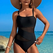 preiswerte Ein Stück &amp; Tankinis-Damen Badeanzug Bademode Gitter Ringer-Rücken-Kleid Bademode Einfarbig Badeanzug Schwarz Weiß Atmungsaktiv Schnelltrocknend Leichtgewichtig Ärmellos - Schwimmen Surfen Strand Sommer Frühling