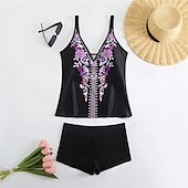 billiga One Pieces &amp; Tankinis-Dam Tankini Tvådelad baddräkt V-ringad Badkläder Badkläder Svart Purpur Andningsfunktion Snabb tork Lättvikt Ärmlös - Simmning Surfing Strand Sommar Vår Plusstorlekar
