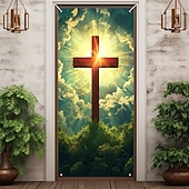 abordables Banners de Garaje y Puerta-Decoraciones para Puertas Cobertores de Puerta Cruz de Jesús Tapiz para Puerta Cortina de Puerta Decoración Fondo Banner de Puerta para la Puerta de Entrada Casa de Campo
