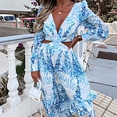 preiswerte Lässige Blumenkleider-Damen kleid lang Casual kleid A Linie Kleid Sommerkleid Boho-Kleid Elegant Stilvoll Urlaub Täglich Verabredung Regular Fit Blumen Langarm V Ausschnitt Gelb Blau Purpur Grün Sommer Frühling