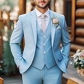 abordables Trajes de boda-Trajes de Boda de Verano para Hombre en Azul Cielo Salvia Color Sólido Ajuste Estándar 3 Piezas De Un Solo Botón