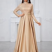 ieftine șampanie-Rochie de seară tip A-Line rochie elegantă pentru petrecere rochie formală de gală cu lungime până la podea cu mânecă lungă cu gât rigid curea/sasch din amestec de bumbac cu spate cowl cu butoane