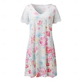 billige Skriv ut blomsterkjoler-Dame Normal EU / USA størrelse Midikjole Langermet Boho-kjole Solkjole Elegant kjole Elegant Bohem Tropisk Blondearm Fest Daglig Stevnemøte Løstsittende Blomstret Marmortrykk Kortermet V-hals Lys