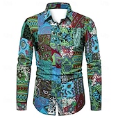 preiswerte Pflanzen Muster-Herren Geometrisch Hemd Boho-Hemd Knopfhemd Langarm Designer Boho Party Kragen Hemdkragen Druck Schwarz Rosa Purpur Grün