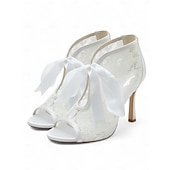 ieftine Casual-papuci de damă din dantelă albă cu vârf deschis la gleznă cu cravată panglică din satin – pantofi de mireasă eleganți cu toc înalt pentru mirese