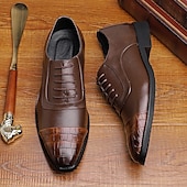cheap Formal-Men&#039;s Brown Faux Leather Oxford Shoes with Crocodile-Patterned Toe Cap – Lace-Up Design, Stylish and Comfortable for Casual or Formal Occasions