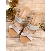 tanie Sandały damskie-eleganckie sandały damskie typu slip-on z błyszczącymi paskami – wygodne sandały na grubym obcasie na imprezy, wesela i specjalne okazje