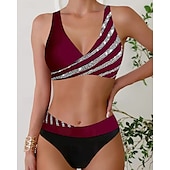 olcso Egy darab és tankinis-Női Tankini Két darab fürdőruha V-nyakú Fürdőruha Csík Fürdőruha Fekete Bor Légáteresztő Gyors szárítás Könnyű Ujjatlan - Úszás Szörfözés Tengerpart Nyár Tavasz