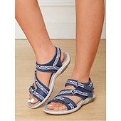 abordables Sandales Confort-sandales de sport bleues pour femmes avec sangles réglables et motif géométrique – chaussures de marche d&#039;extérieur confortables pour la randonnée, les voyages et les vêtements décontractés