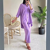 baratos Conjuntos-Mulheres Moda Roupa de rua Camisa Social Conjuntos inspirados em linho Conjuntos de duas peças Calças de linho Calças Conjunto Manga Longa Colarinho de Camisa Côr Sólida Com Cordão Roupa Diária