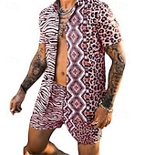 cheap Men&#039;s Printed Shirts Sets-Men&#039;s Leopard Zebra 2pcs Shirts Sets Summer Hawaiian Shirt Short Sleeve Short Pants Turndown Fashion Hawaiian Casual Outdoor Vacation Beach 3D Print Button-Down Summer Spring Black Yellow Pink