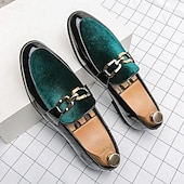 levne Poloformální-pánské luxusní červené sametové a černé lakované mokasíny – stylové slip-on společenské boty s kovovou přezkou na svatby a formální události