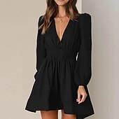 ieftine Rochie neagră casual-Pentru femei Rochie Mini Rochie casual Rochie A line Stilat Casual Vacanță Zilnic Dată Fit regulat Simplu Manșon Lung În V Negru Roz Îmbujorat Albastru piscină Portocaliu Vară