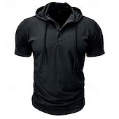baratos camisetas básicas-Homens Camiseta Manga Curta Com Capuz Primavera Verão Esportes Moda Diário Botões Com Cordão Ao ar livre Dia a Dia Casual Preto Branco Verde Top Tee para Homens
