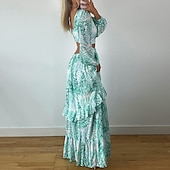 preiswerte Lässige Blumenkleider-Damen kleid lang Casual kleid A Linie Kleid Sommerkleid Boho-Kleid Elegant Stilvoll Urlaub Täglich Verabredung Regular Fit Blumen Langarm V Ausschnitt Gelb Blau Purpur Grün Sommer Frühling