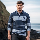  Voor heren Gestreept Rugbypolo Lange mouw Poloshirt Overhemden met kraag Sportkleding Casual School Buiten Sportkleding 3D-afdrukken Lente Herfst Winter Donkerblauw