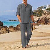 cheap Men&#039;s Basic Shirts Sets-Men&#039;s 2 Piece Shirt Set Summer Set Matching Sets Casual Shirt Plain Vacation Daily Black Gray Light Blue Long Sleeve Collar Summer Clothing Apparel