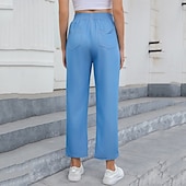 economico Pantaloni a gamba dritta-Per donna Jeans Pantaloni di lino Pantaloni Leggero Informale Lunghezza intera A vita medio-alta Liscio Tasche Traspirabilità Comodo Anelastico Interni Casual / quotidiano Blu cielo chiaro Blu marina